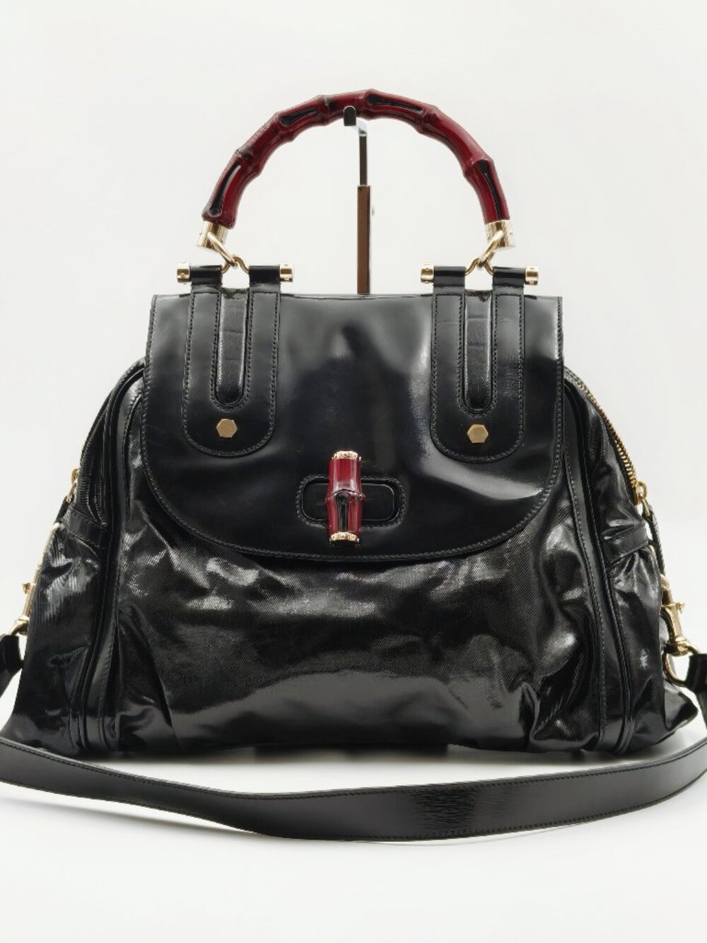Gucci Vintage Bamboo Handle Black Patent Leather Large Shoulder Tote Bag